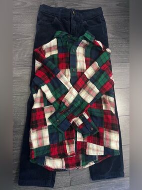 Gymboree Navy Corduroy Pants with Red & Green Plaid Shirt Set
